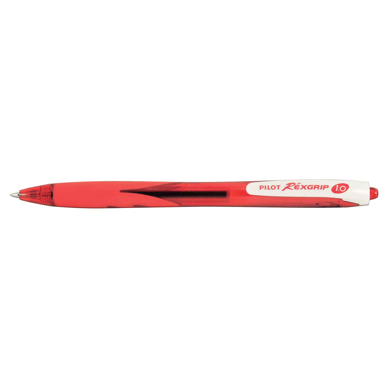 roter Kugelschreiber mit transparentem Gehäuse. Der Stift hat einen gummierten Griff.