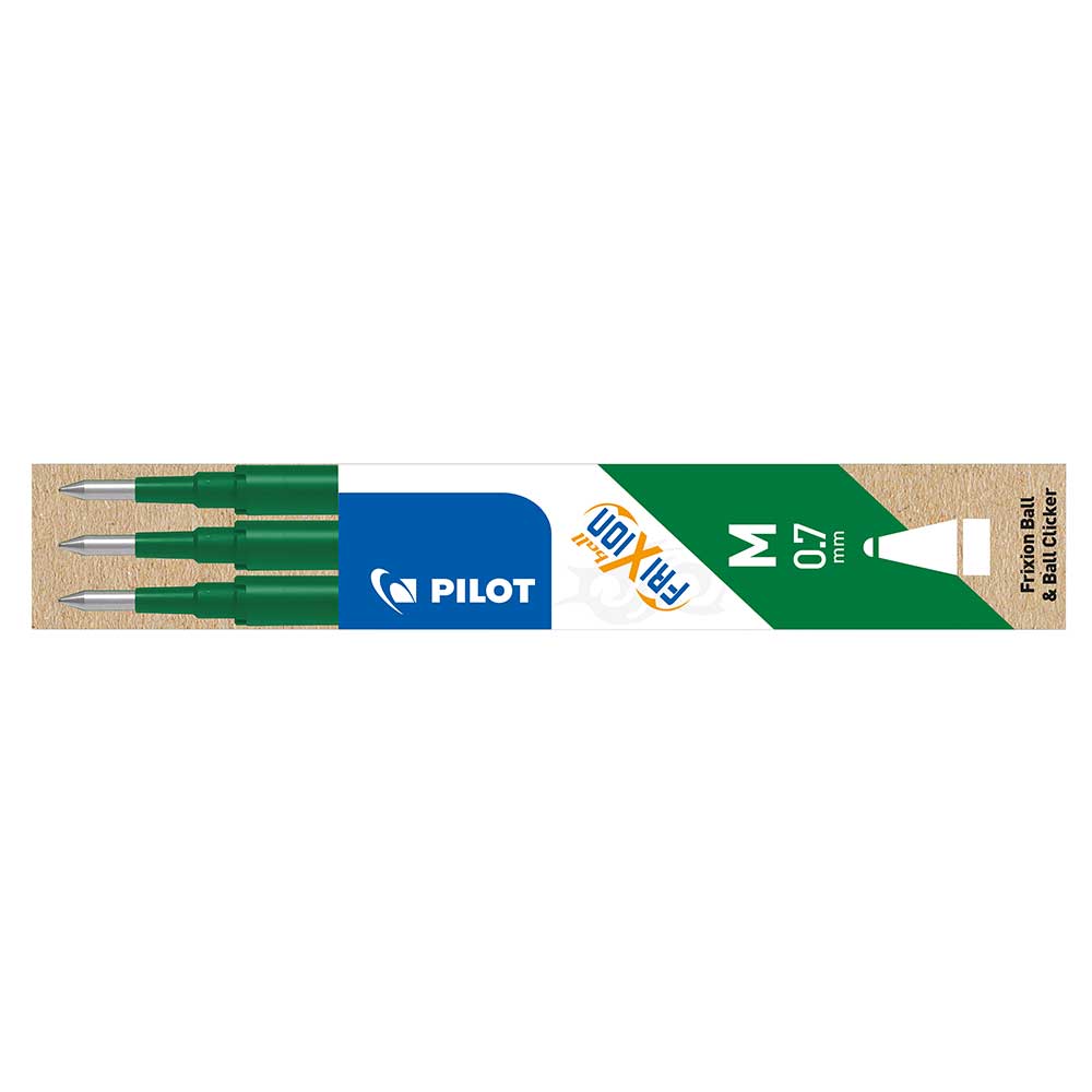 Packung mit drei grünen Kugelschreibern. Spitze 0,7 mm. Marke: Pilot. Einfaches Design, praktische Nutzung.