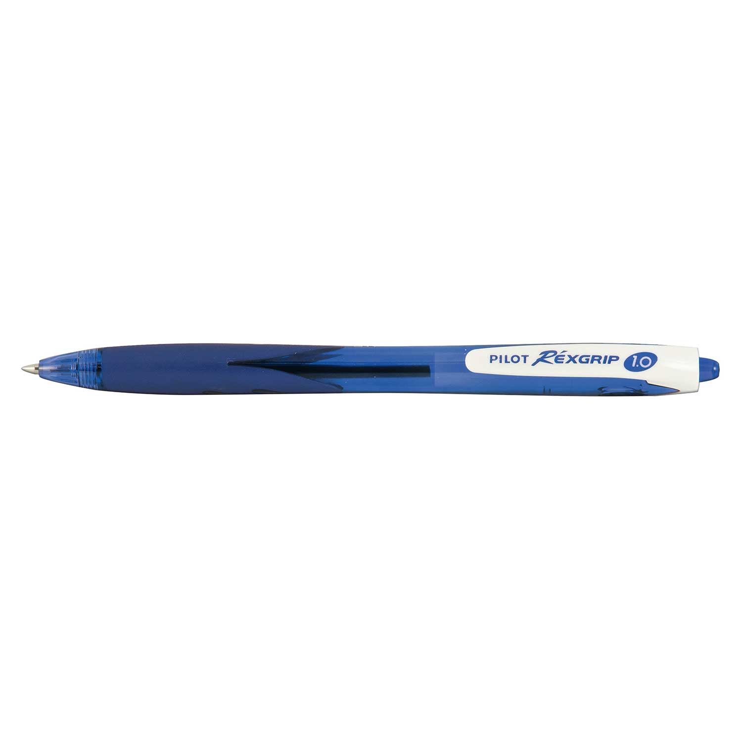 blauer Kugelschreiber mit ergonomischem Griff. Die Spitze ist silberfarben.