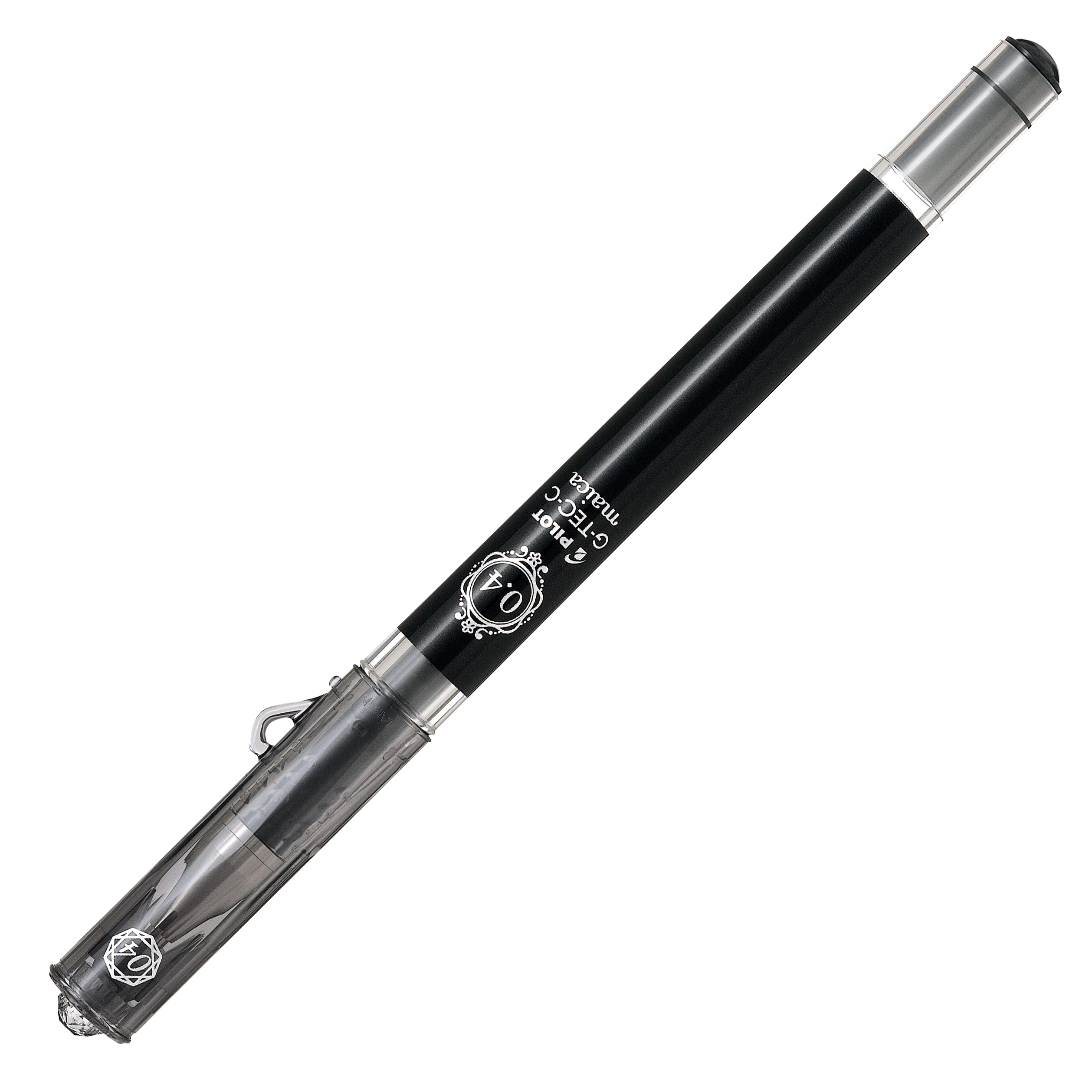 Schwarzer Stift mit silberner Kappe. Der Stift hat eine transparente Mine.
