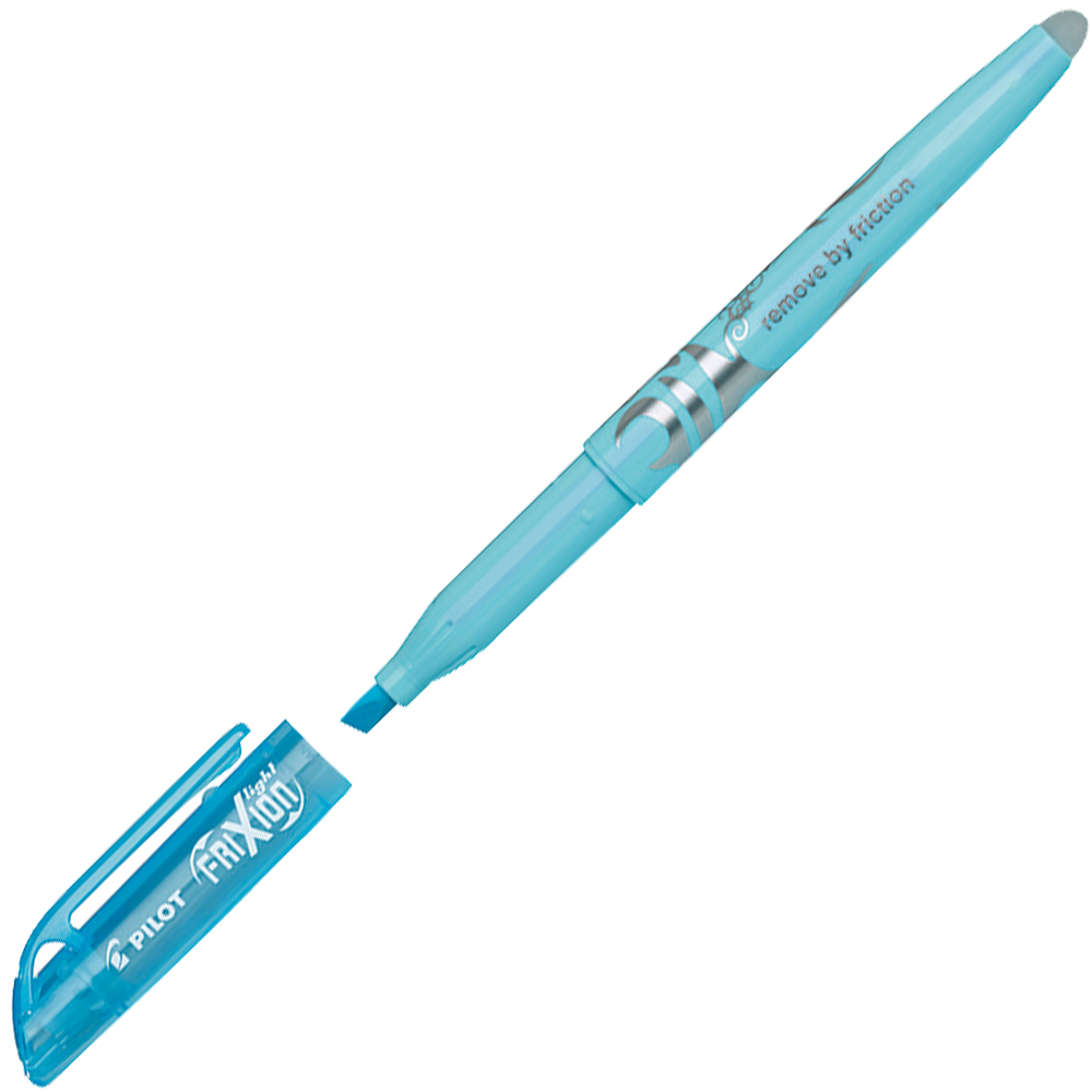 blauer Marker mit abgerundeter Spitze. Kappe in derselben Farbe. Aufschrift: 'remove by friction'.