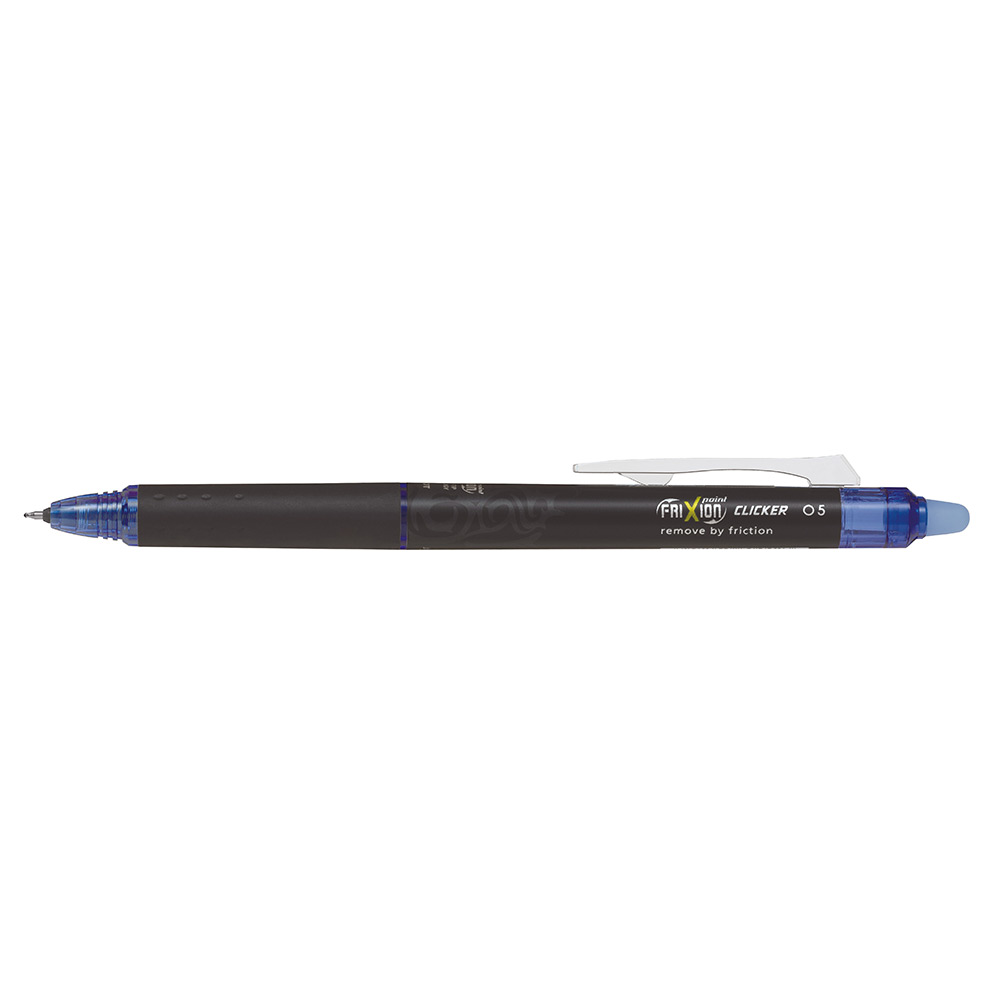 Schwarzer Stift mit blauer Mine. Entfernbare Tinte durch Reibung.