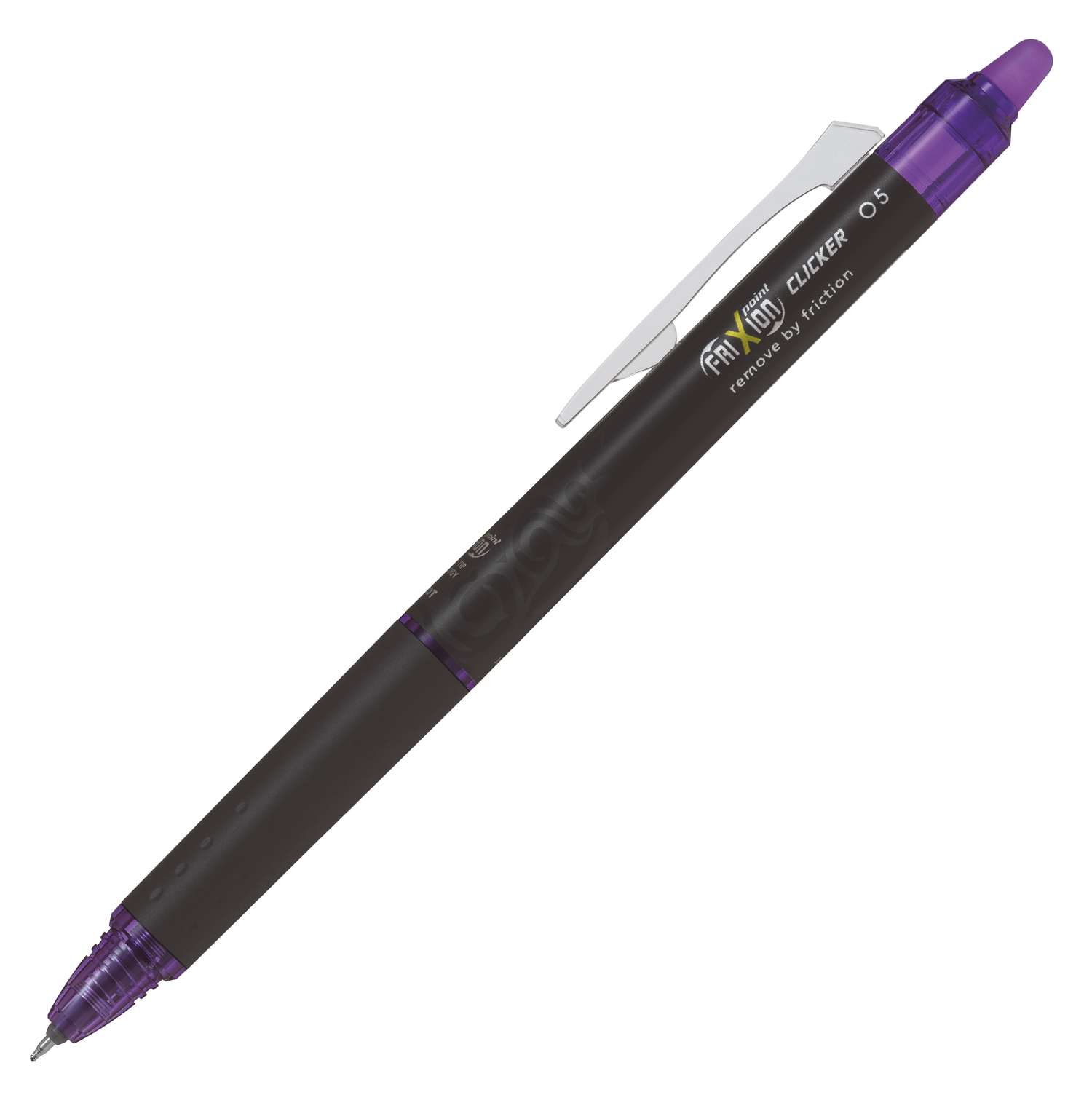 Schwarzer Kugelschreiber mit lila Akzenten. Der Stift hat eine abnehmbare Kappe und eine feine Spitze.