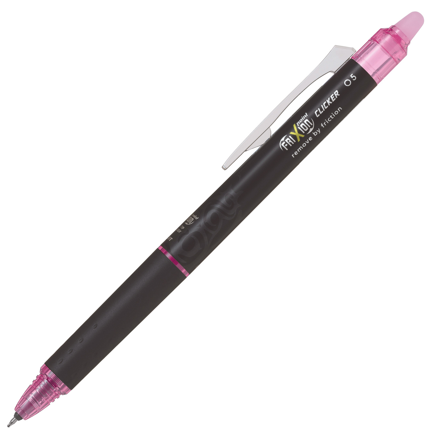 schwarzer Kugelschreiber mit pinken Akzenten. Der Stift hat eine Radierfunktion.