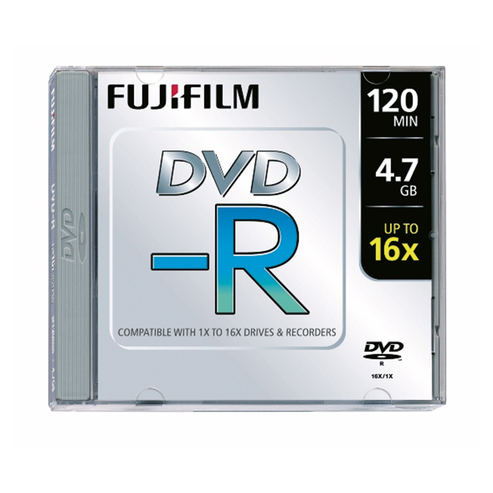 DVD-R von Fujifilm. Speicherkapazität 4,7 GB, bis zu 120 Minuten Video.