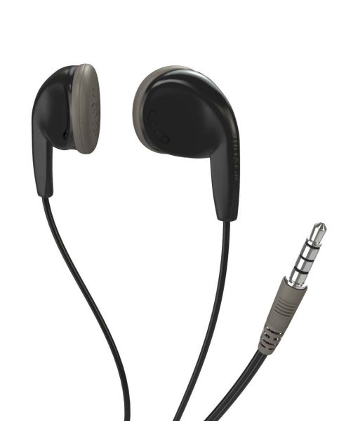 Schwarze Ohrhörer mit einem grauen Element. Kabel mit 3,5 mm Klinkenstecker.