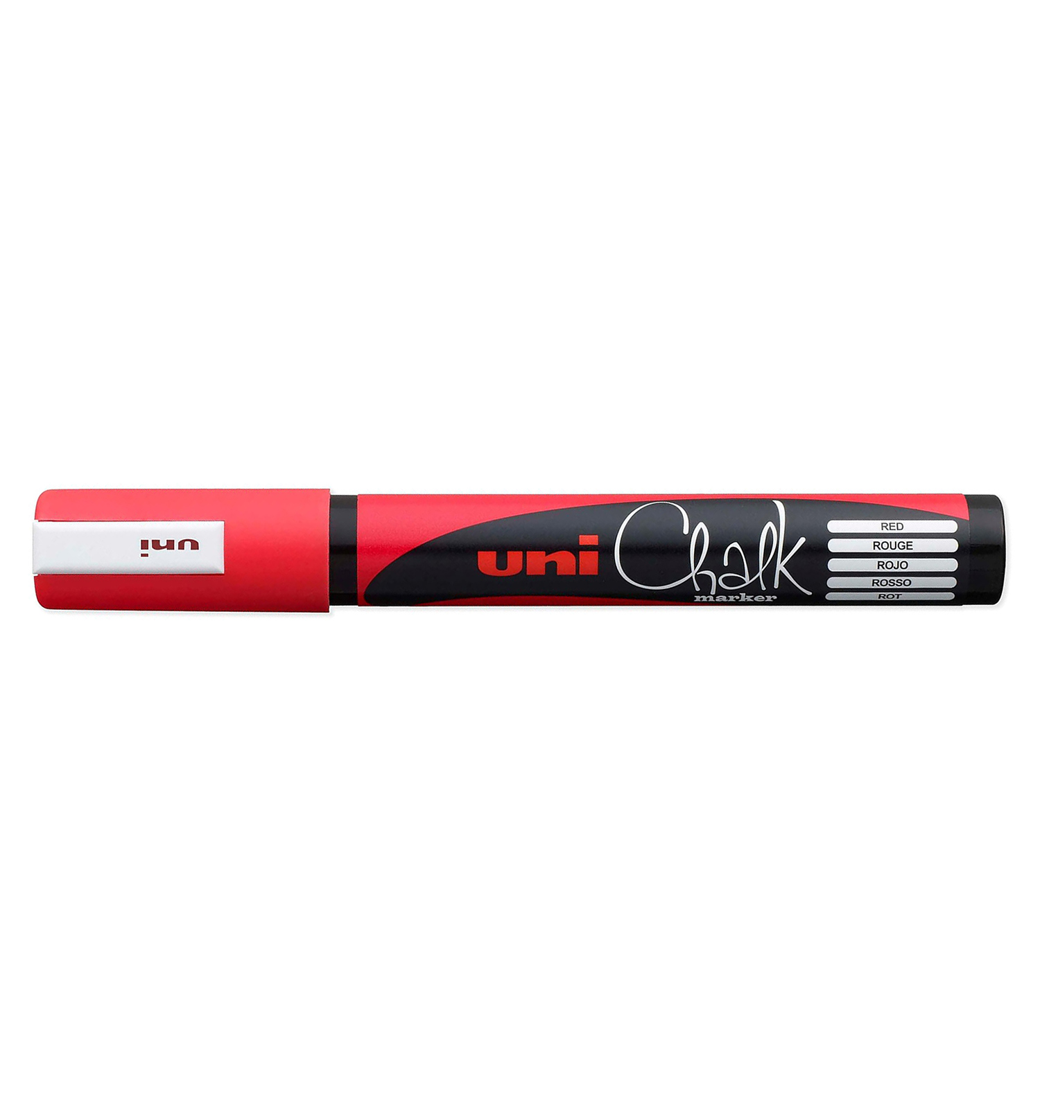 Roter Kreidemarker mit schwarzem Design. Auf der Verpackung sind mehrere Sprachen für die Farbe angegeben.