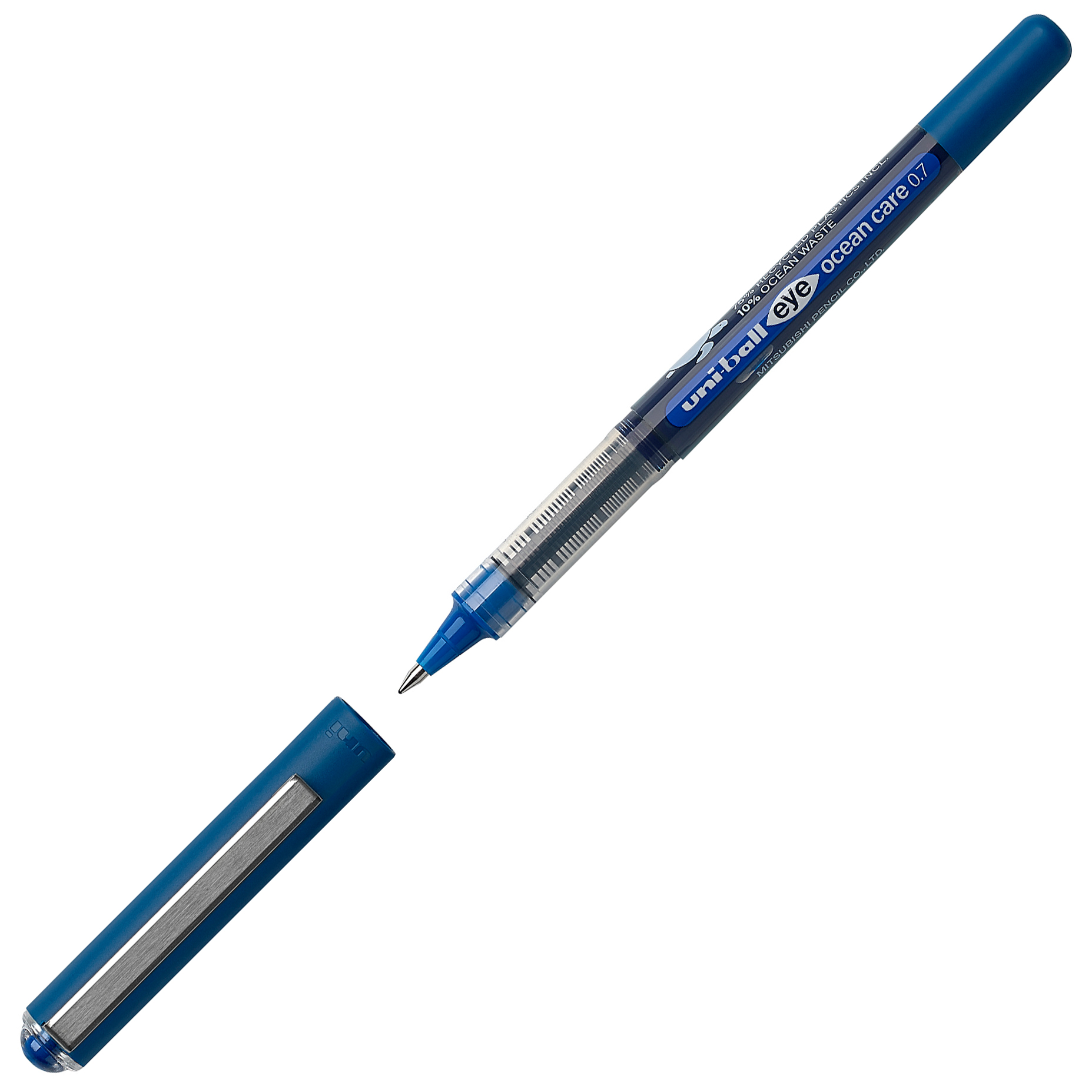 blauer Kugelschreiber mit transparentem Gehäuse. Kappe ist abgenommen und liegt daneben.