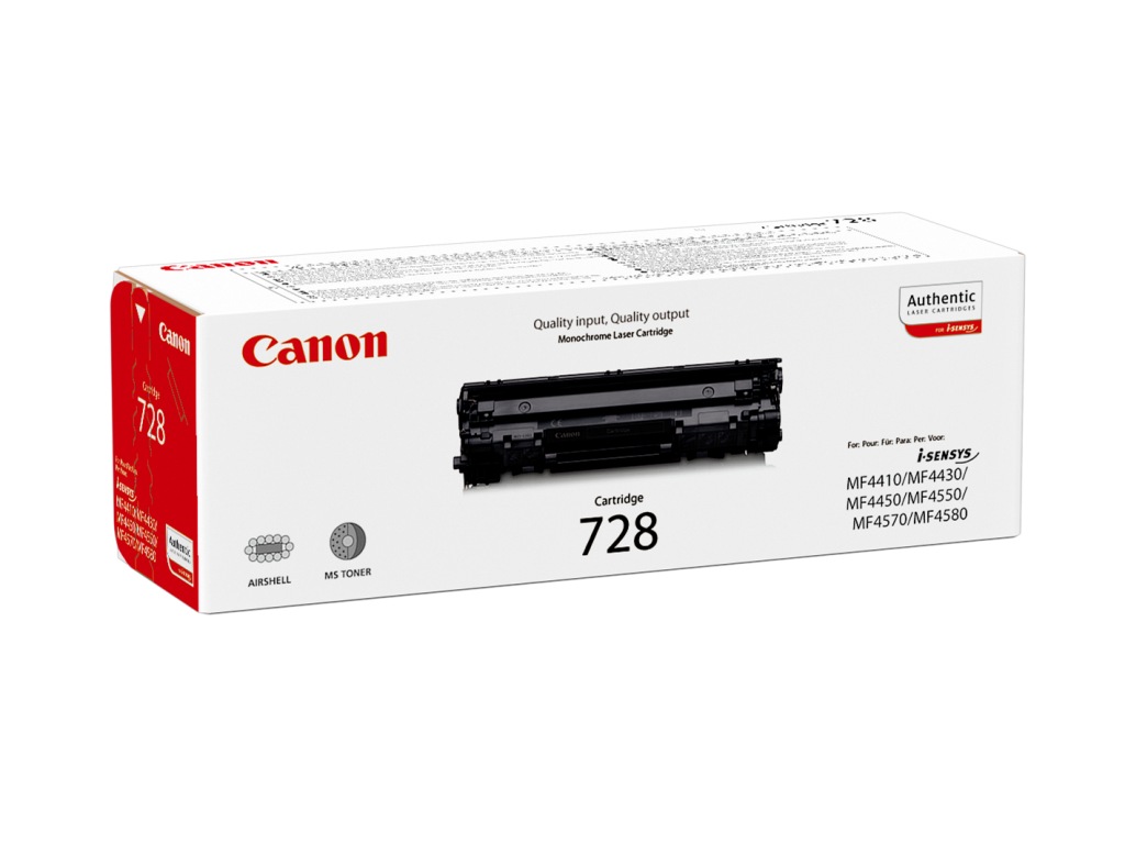 Schachtel mit einem Canon Laserdrucker Toner. Auf der Verpackung sind die Modellnummern aufgedruckt.