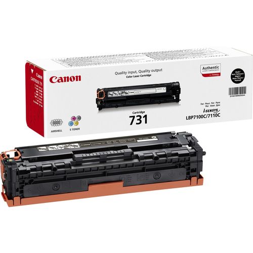 Schwarze Farbtonerkartusche von Canon, Modell 731. Verpackung zeigt das Produkt und enthält Informationen über die Kompatibilität mit Druckern.