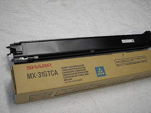 Schwarzer Toner für Drucker in einer beige Verpackung. Auf der Verpackung steht 'MX-31GTCA'.