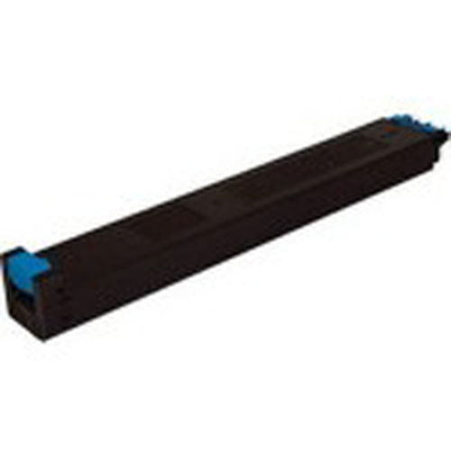 Schwarze Tonerkartusche mit blauen Enden. Lang und schmal, für Drucker geeignet.