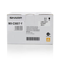 weiße Verpackung mit dem Schriftzug Sharp. Enthält einen gelben Toner für Drucker.