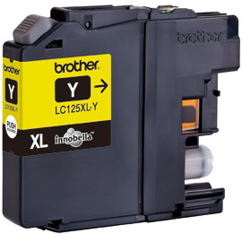 Gelbe Tintenpatrone von Brother. Modell LC125XL-Y, für Drucker geeignet.