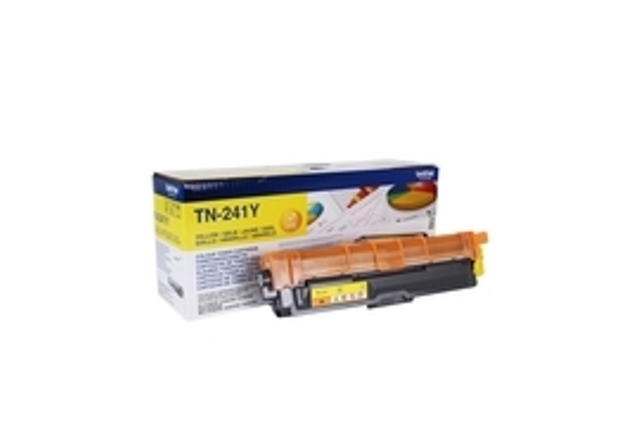 Gelbe Tonerkartusche TN-241Y in einer Verpackung. Die Kartusche hat eine orangefarbene Abdeckung.