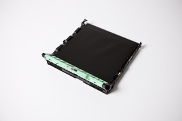 Schwarzes Druckerpatrone mit grünem Aufkleber. Kompakt und rechteckig.