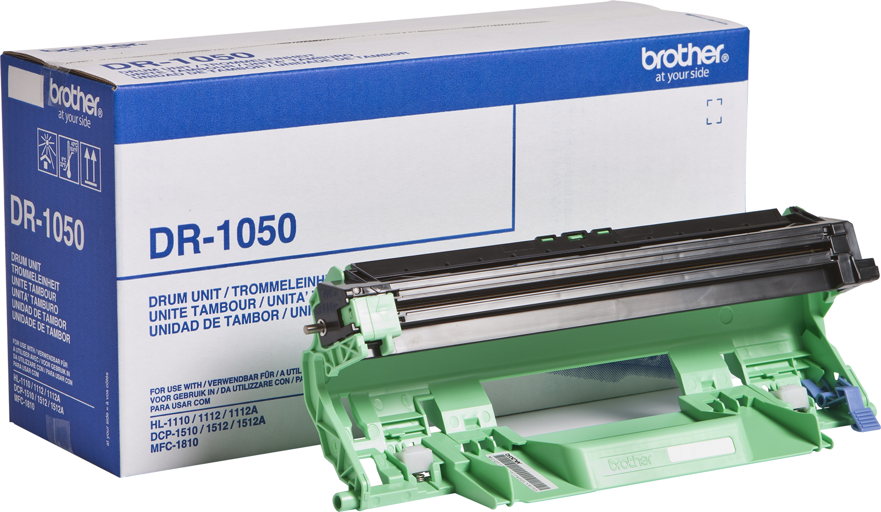 Schachtel mit der Aufschrift DR-1050. Enthält eine grüne Trommeleinheit für Drucker.
