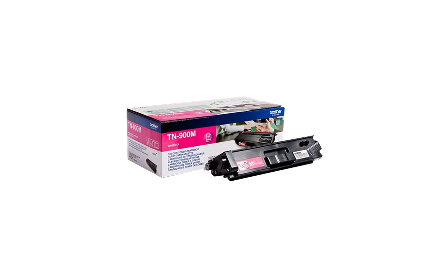 Tonerpatrone TN-900M in Magenta. Verpackung mit Bild und Beschreibung. Kompakt und rechteckig.