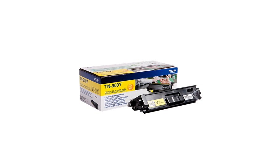 Gelber Toner für Drucker. Verpackung in blauer und gelber Box. Tonerkartusche sichtbar, mit Etikett.
