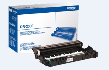 Schwarze Druckeinheit DR-2300 von Brother. Verpackung in blauer Box mit weißen Schriftzügen.