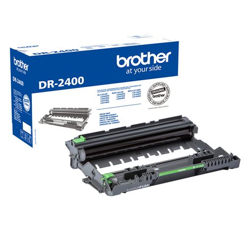 Schwarze Trommel für Drucker. Verpackung in Blau mit weißem Schriftzug. Modell DR-2400. Enthält die Trommel und technische Informationen.