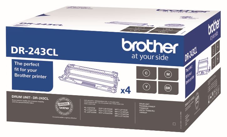 Verpackung für Brother Trommeleinheit DR-243CL. Enthält vier Farben: Cyan, Magenta, Gelb und Schwarz.
