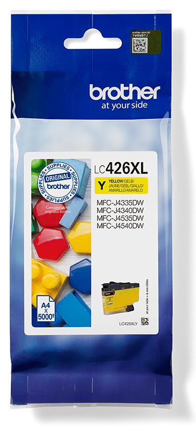 Tintenpatrone in gelber Verpackung. Markierung 'Brother LC426XL'. Geeignet für mehrere Druckermodelle. Bunte geometrische Formen auf der Vorderseite.