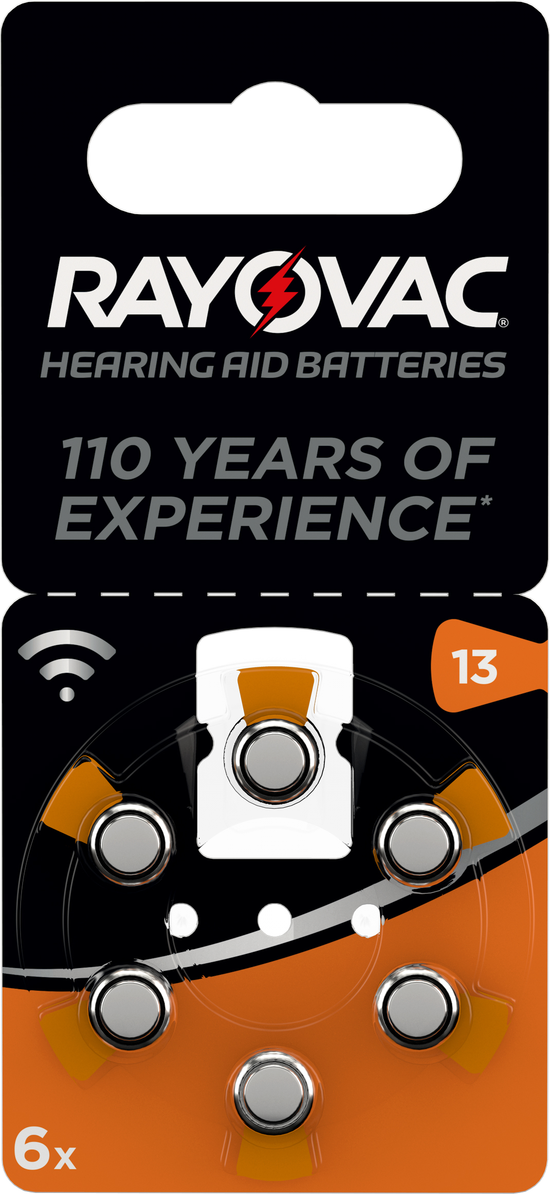 Packung mit 6 Hörgerätebatterien. Marke: Rayovac. Größe: 13. Schwarz-orange Design. Hinweis auf 110 Jahre Erfahrung.