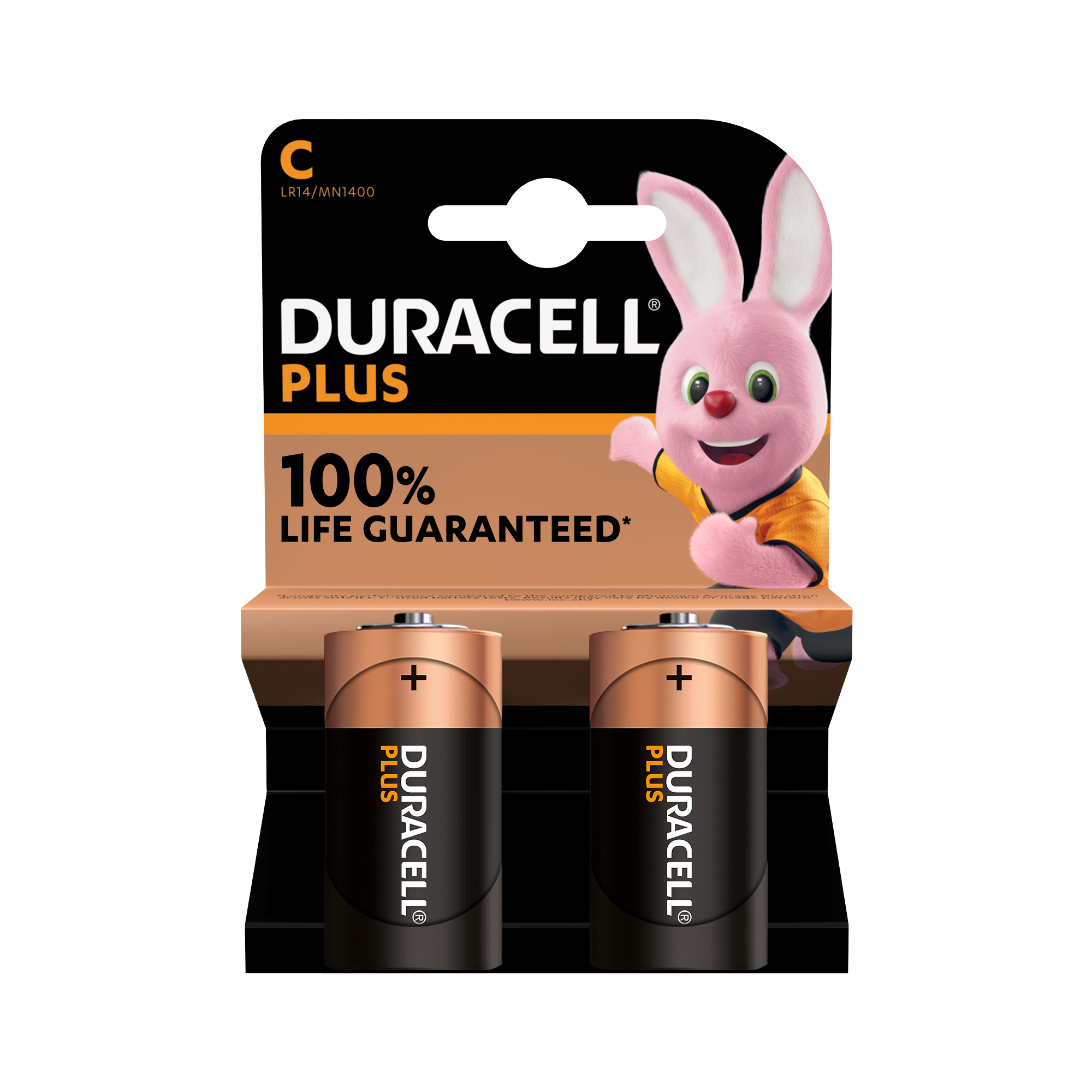 Zwei C-Batterien in einer Verpackung. Auf der Verpackung ein pinker Hase mit einem gelben Shirt.