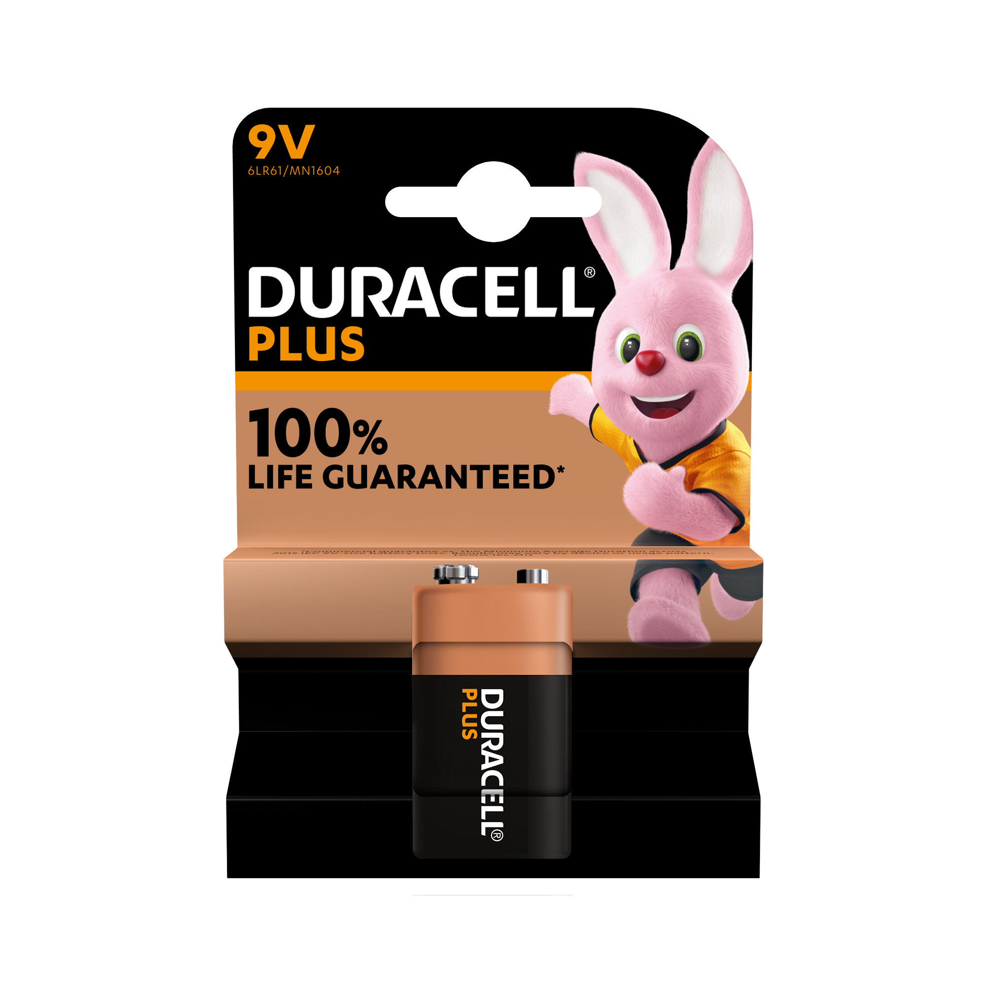 9V Batterie von Duracell in Verpackung. Mit einem pinken Hasenmaskottchen und dem Hinweis auf 100% Lebensdauer.