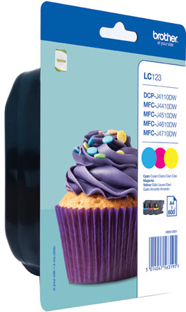 Tintenpatrone von Brother. Verpackung zeigt einen bunten Cupcake mit lila Zuckerguss.
