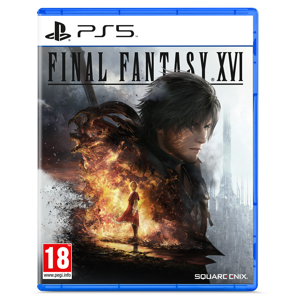 Spielcover für Final Fantasy XVI. Darstellung eines Charakters mit dunklem Haar und feurigen Elementen im Hintergrund.