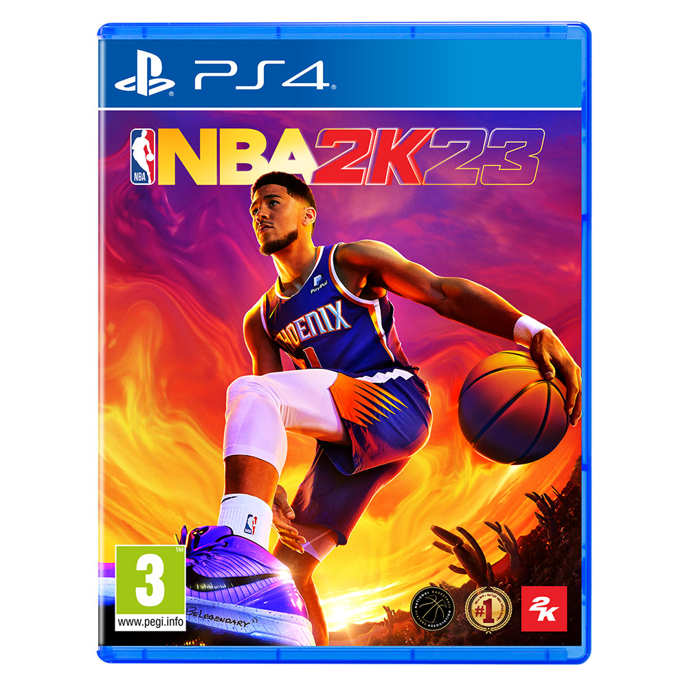 Spielcover für NBA 2K23. Basketballspieler in Aktion mit buntem Hintergrund.