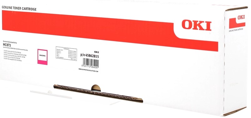 weiße Verpackung für einen Toner. Aufdruck mit rotem Logo 'OKI'. Enthält Informationen zu Inhalt und Artikelnummer. Verpackung ist länglich und flach.