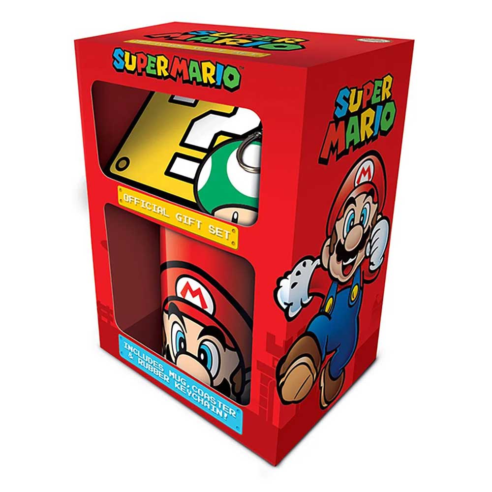 Geschenk-Set Super Mario Tasse, Untersetzer, Schlüsselanhänger bunt