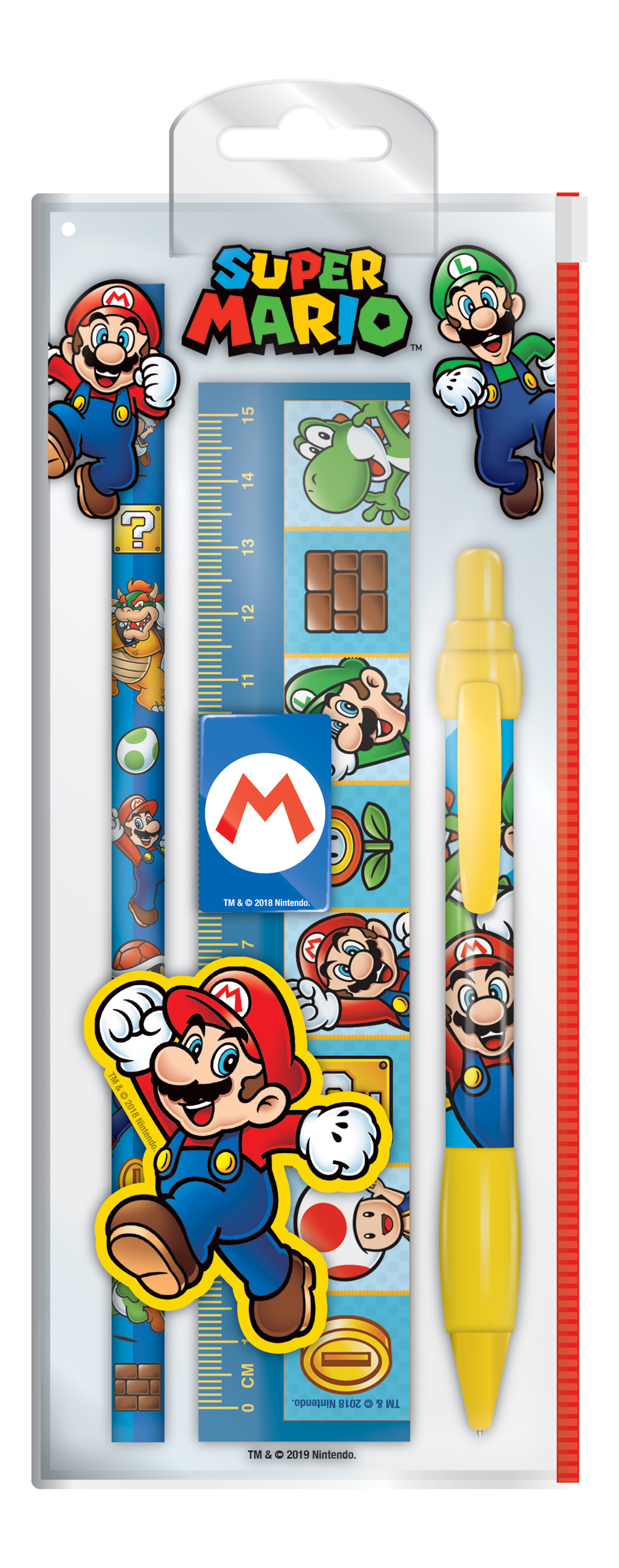 Schreibset mit Super Mario Motiven. Enthält zwei Bleistifte, einen Lineal und einen gelben Stift.