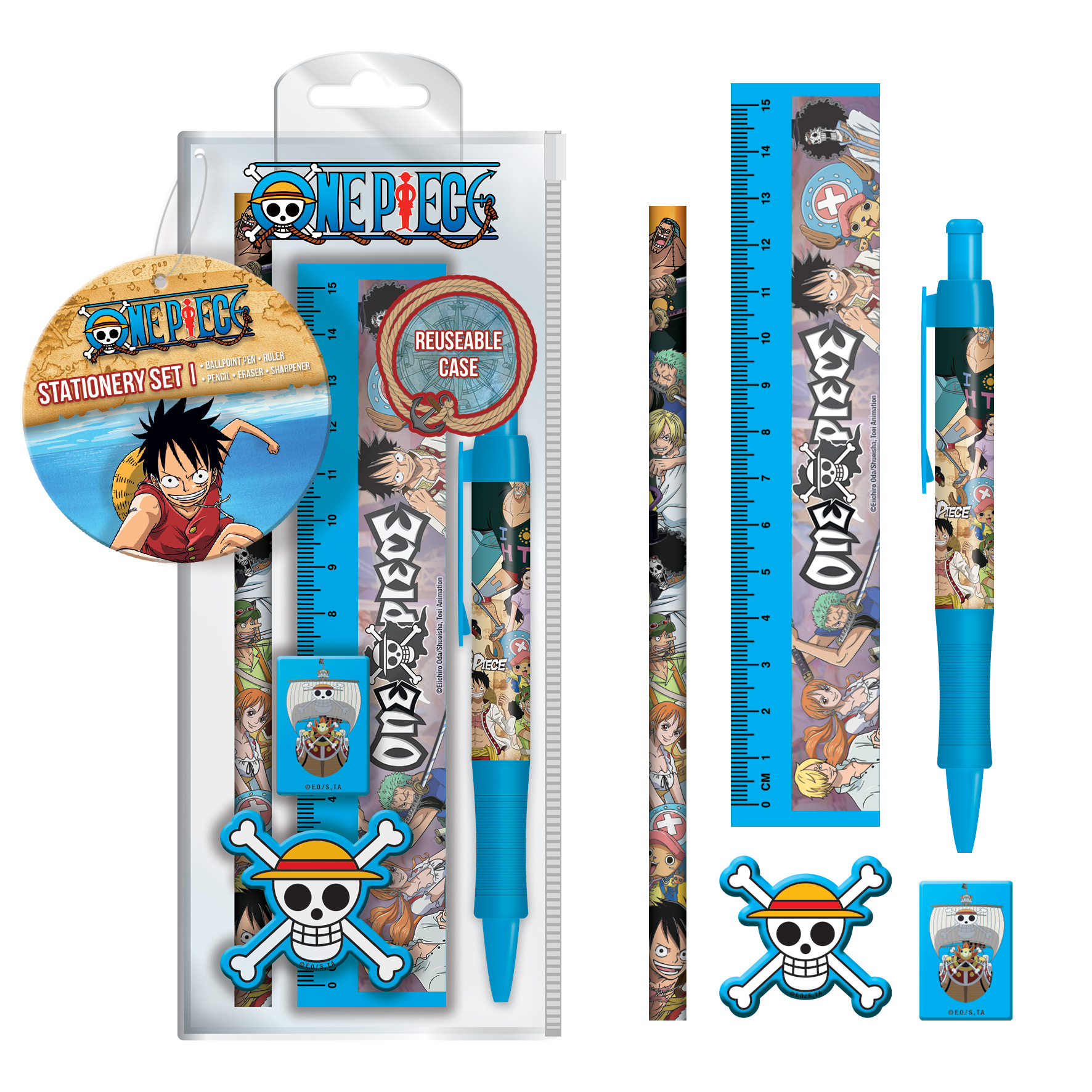 Stationery Set mit One Piece Motiven. Enthält einen Stift, ein Lineal und einen Radiergummi.
