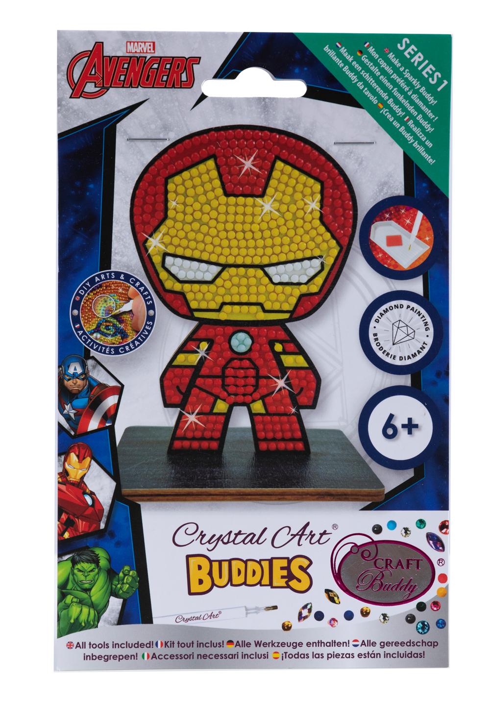 Bastelset mit einem Iron Man Motiv aus bunten Kristallen. Enthält alle Werkzeuge für die Herstellung.