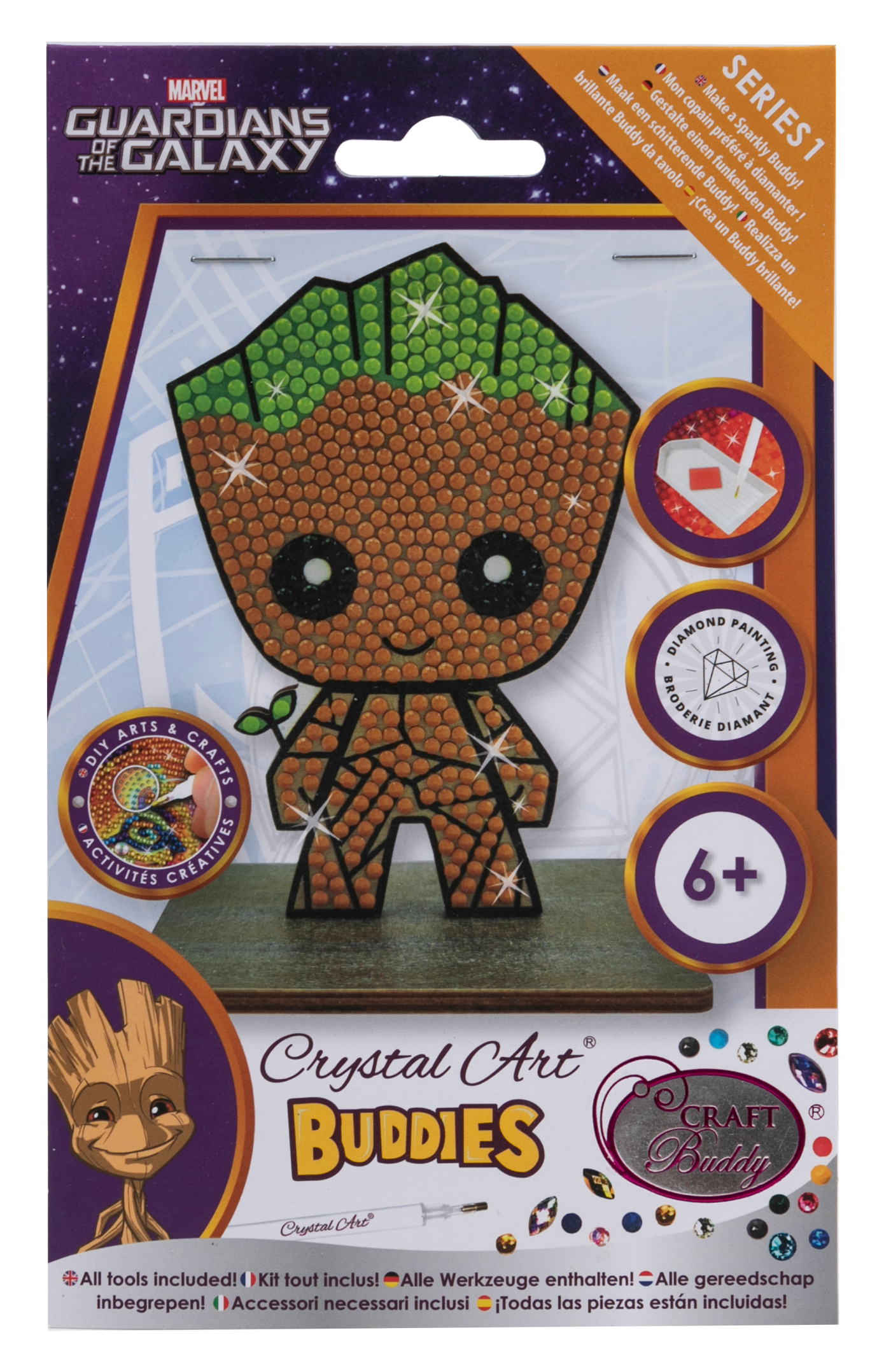 Bastelset mit einem Charakter aus Guardians of the Galaxy. Enthält Werkzeuge für Diamantmalerei.