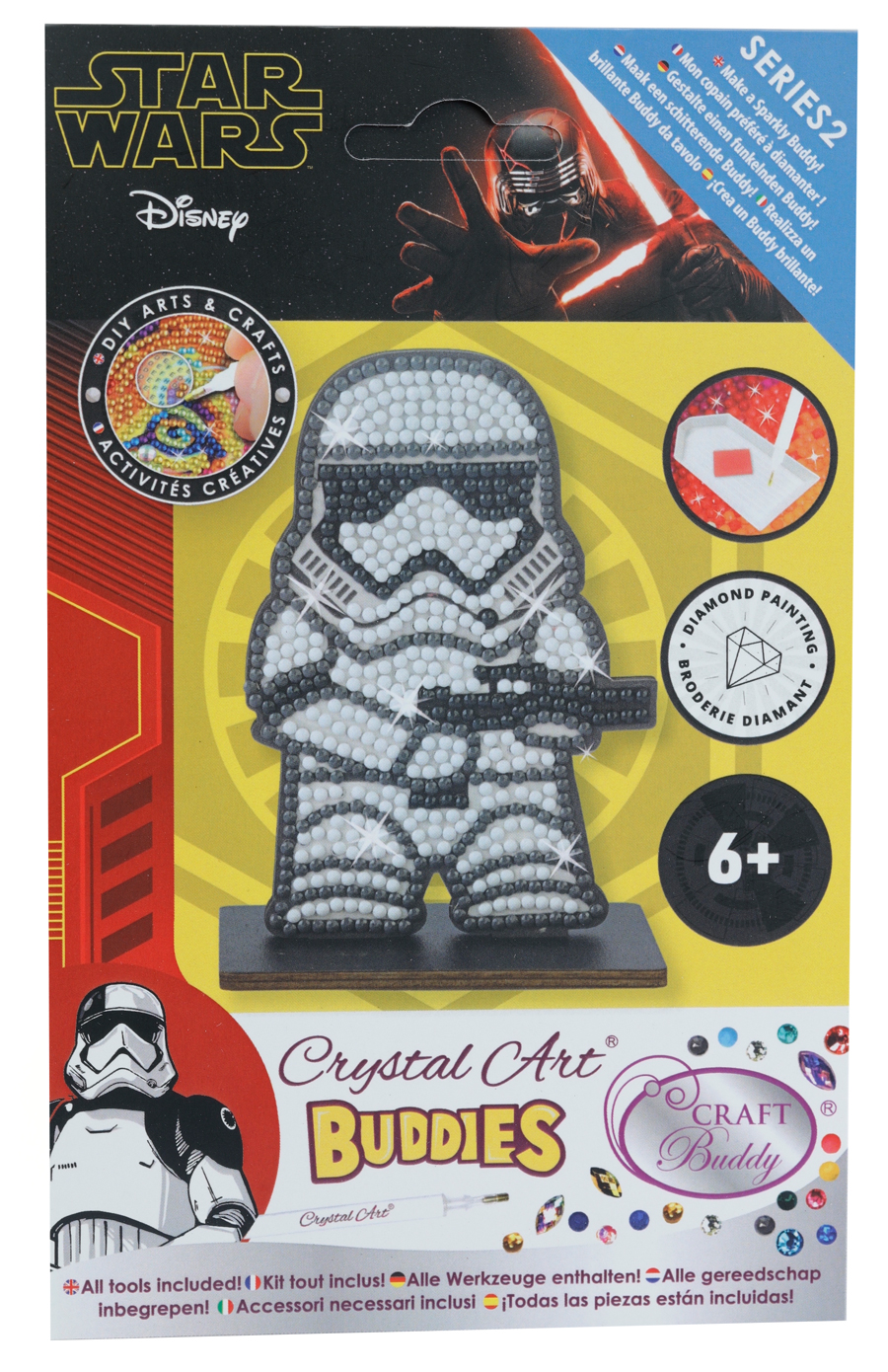 Produktverpackung für ein Bastelset mit einem Stormtrooper-Motiv. Enthält Materialien für Diamantmalerei.