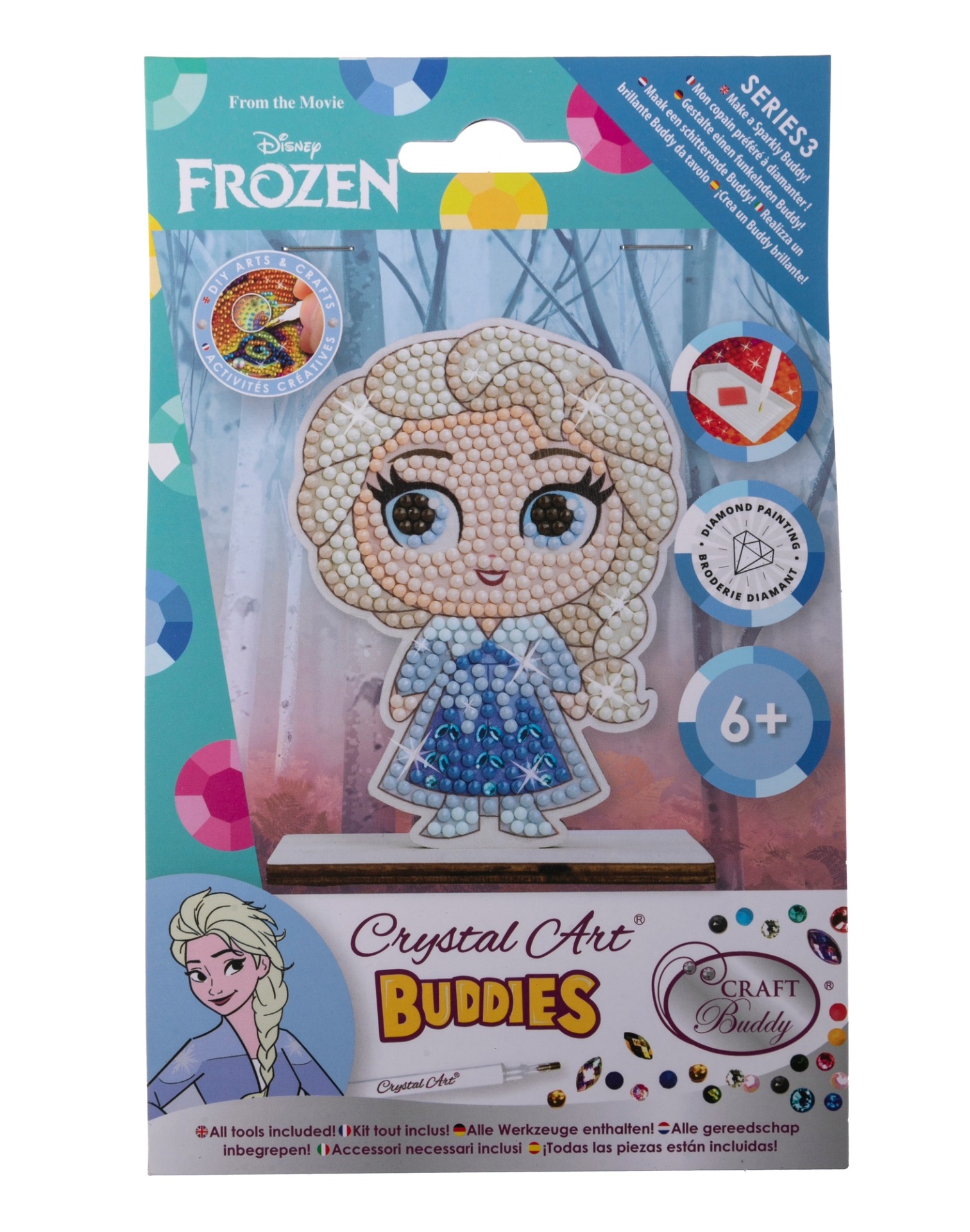 Produkt aus der Disney Frozen Reihe. Crystal Art Buddy mit einer Figur, die an eine blonde Frau in einem blauen Kleid erinnert. Bunte, glitzernde Steine zur Dekoration. Geeignet für Kinder ab 6 Jahren.