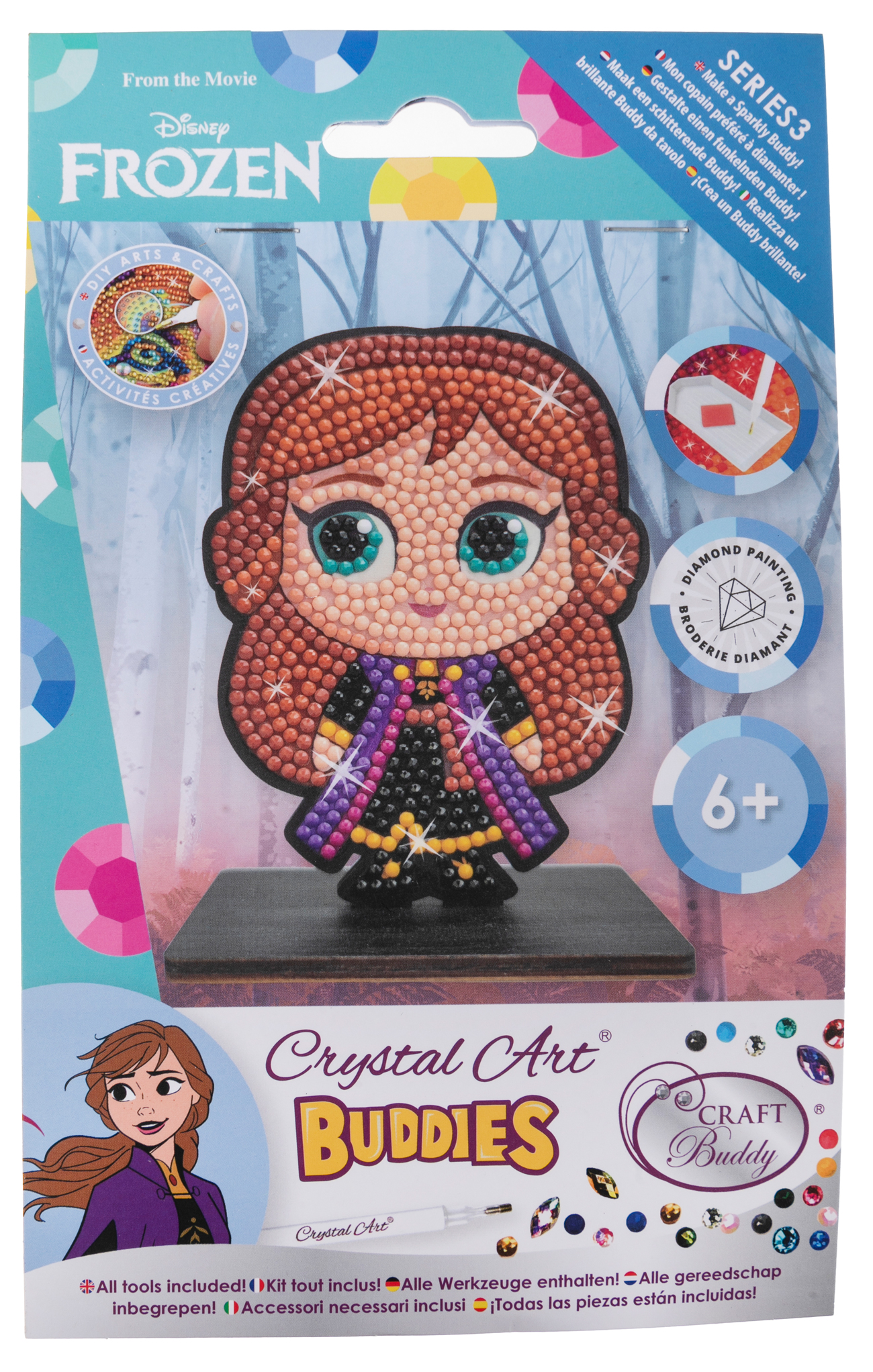 Disney Frozen Crystal Art Kit. Figur einer jungen Frau mit braunen Haaren und großen Augen. Bunte, glitzernde Steine zur Dekoration. Enthält alle Werkzeuge. Für Kinder ab 6 Jahren.