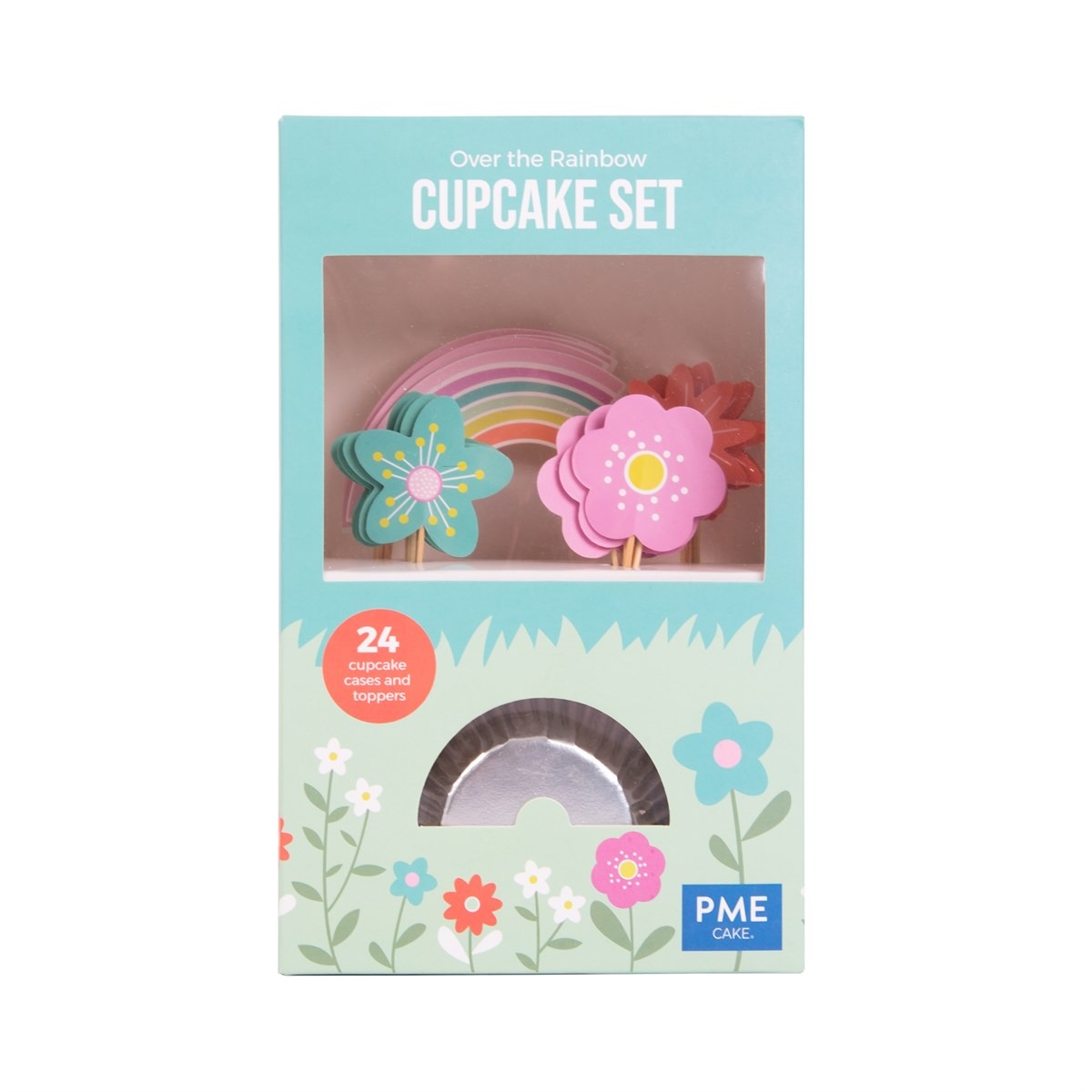 Cupcake-Set mit 24 Teilen. Enthält bunte Papierförmchen und Toppers in Form von Blumen und einem Regenbogen. Verpackung in hellblau mit Blumenmuster.