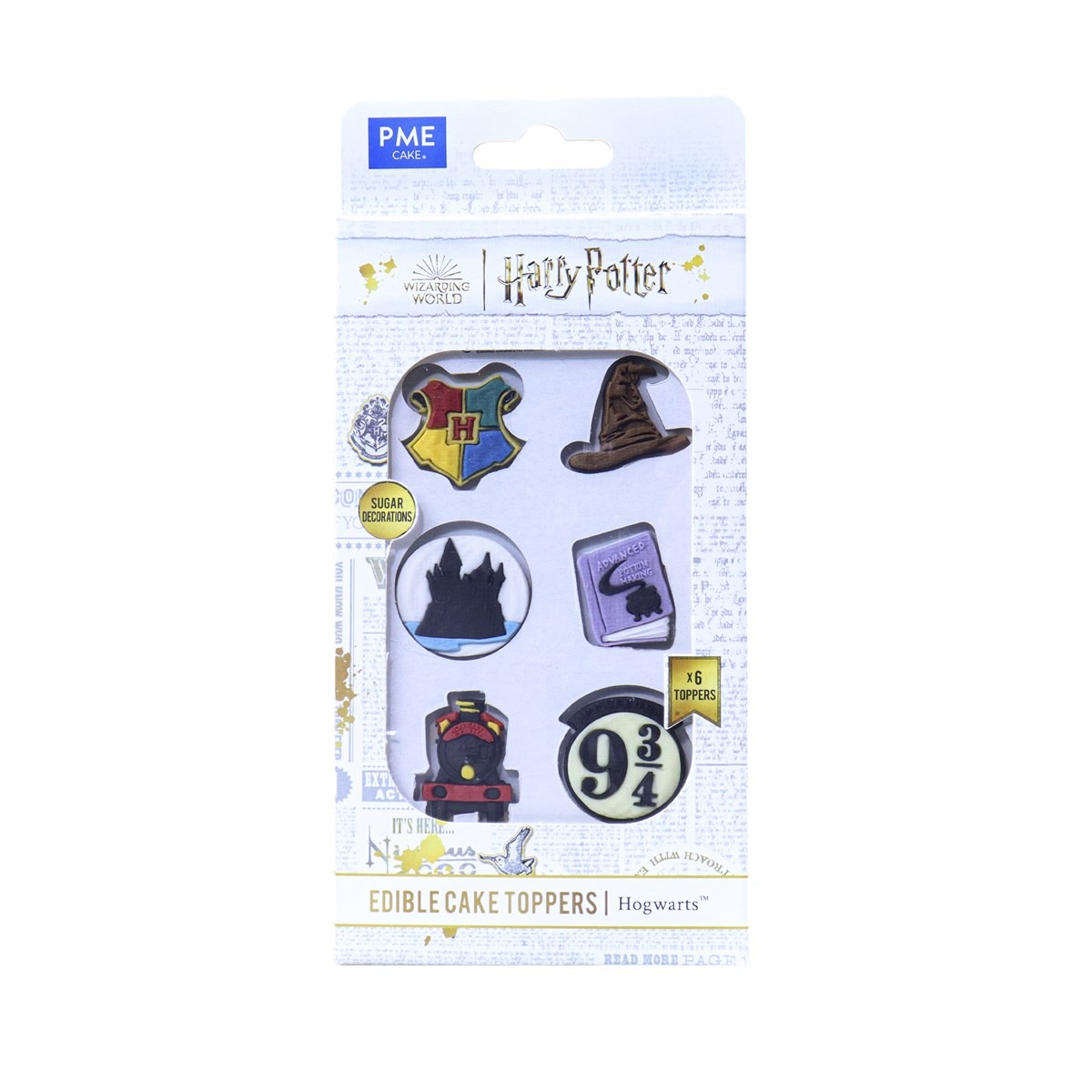 Packung mit essbaren Tortendekorationen im Harry Potter Design. Sechs verschiedene Motive, darunter Hogwarts-Logo und Zug.
