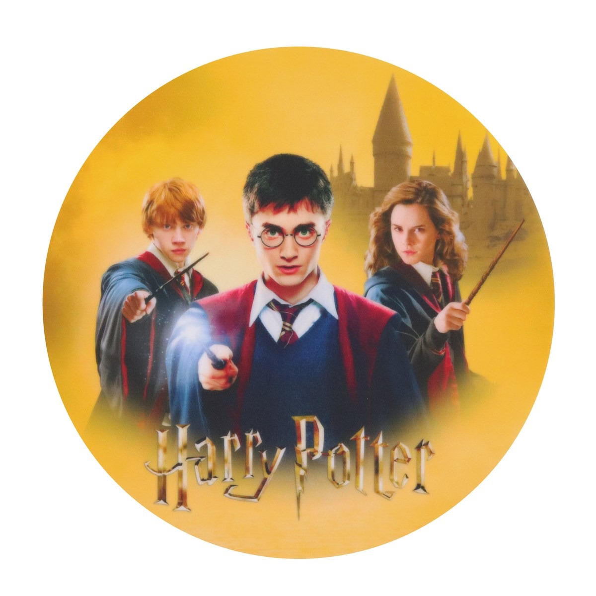 Drei Charaktere aus Harry Potter. Hintergrund mit Schloss und gelber Farbgebung.