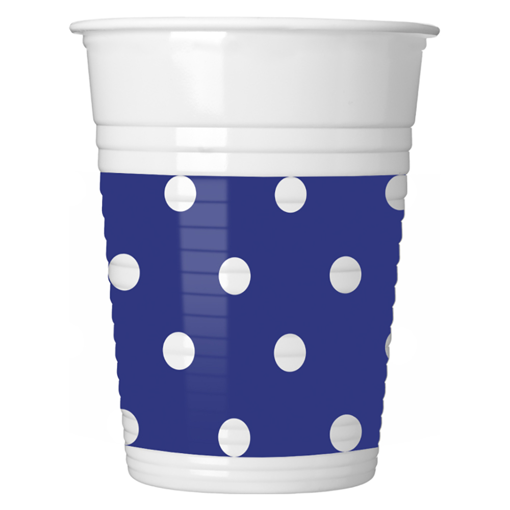 Ein blauer Becher mit weißen Punkten. Der Becher hat eine klassische Form.