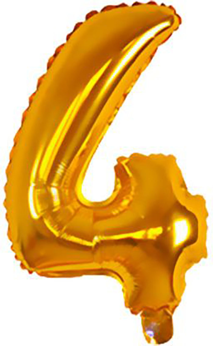 Goldene Folienballon in Form der Zahl vier. Glänzende Oberfläche, dekorativ.
