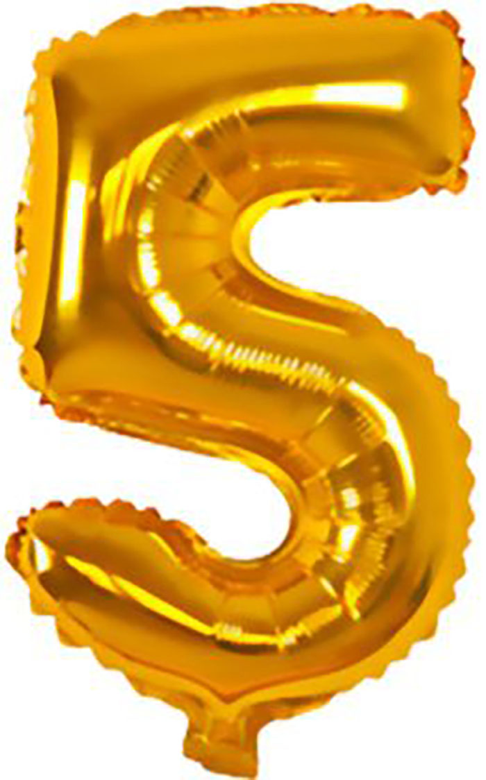goldene Folienballon in Form der Zahl 5. Glänzende Oberfläche, leicht gewellt.