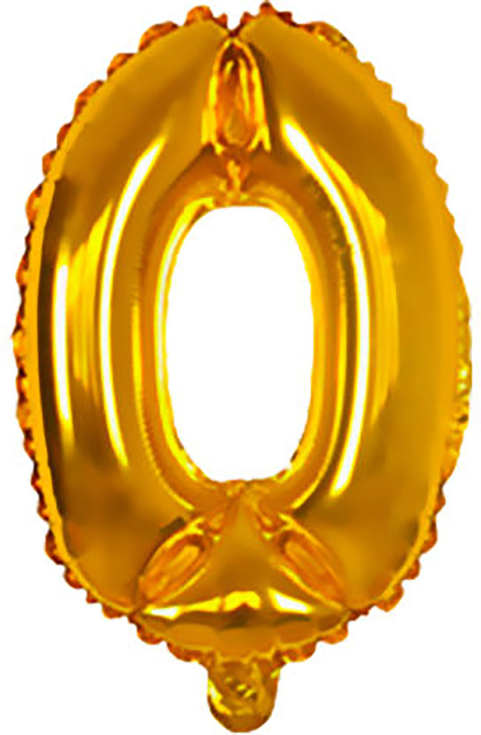 Goldene Folienballon in Form der Zahl 0. Glänzende Oberfläche, rund und hohl.