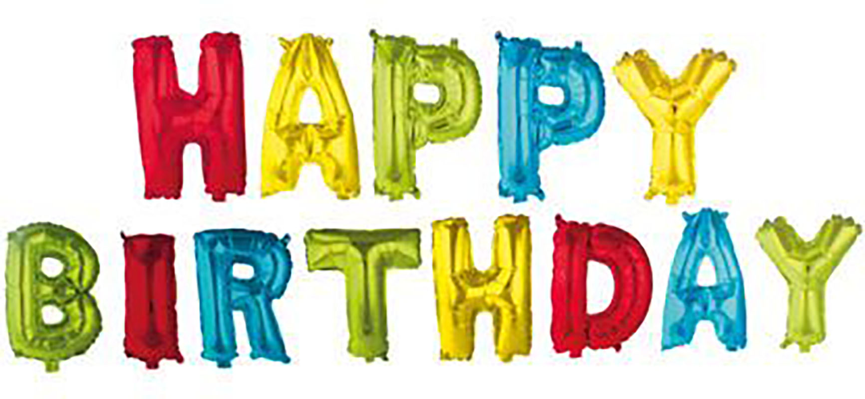 Bunte Luftballonbuchstaben. Text: 'HAPPY BIRTHDAY'. Farben: Rot, Gelb, Grün, Blau.